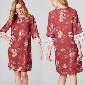 J Jill Knee Length Dress Flare Sleeve Sz MP Mixed Floral Satin Boho 3/4 sleeves